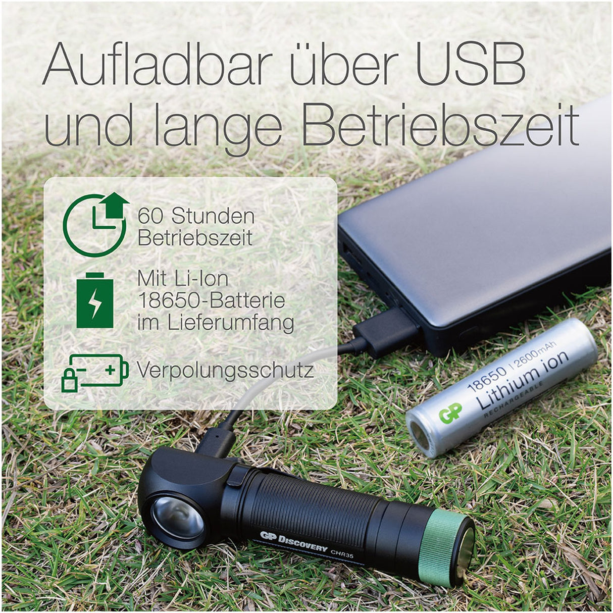 GP Batteries Stirnlampe CH35 600lumen inkl. 1x 18650 3,7V Li-Ion Akku