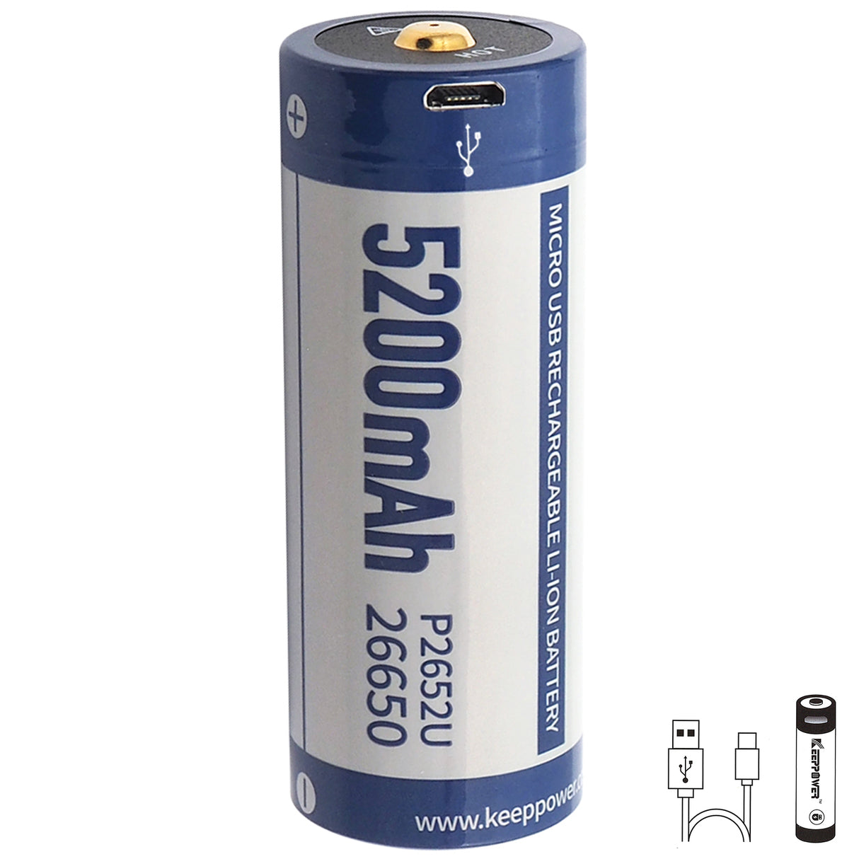 Keeppower 26650 3,7V 5200mAh PCB geschützt microUSB Li-Ion Akku