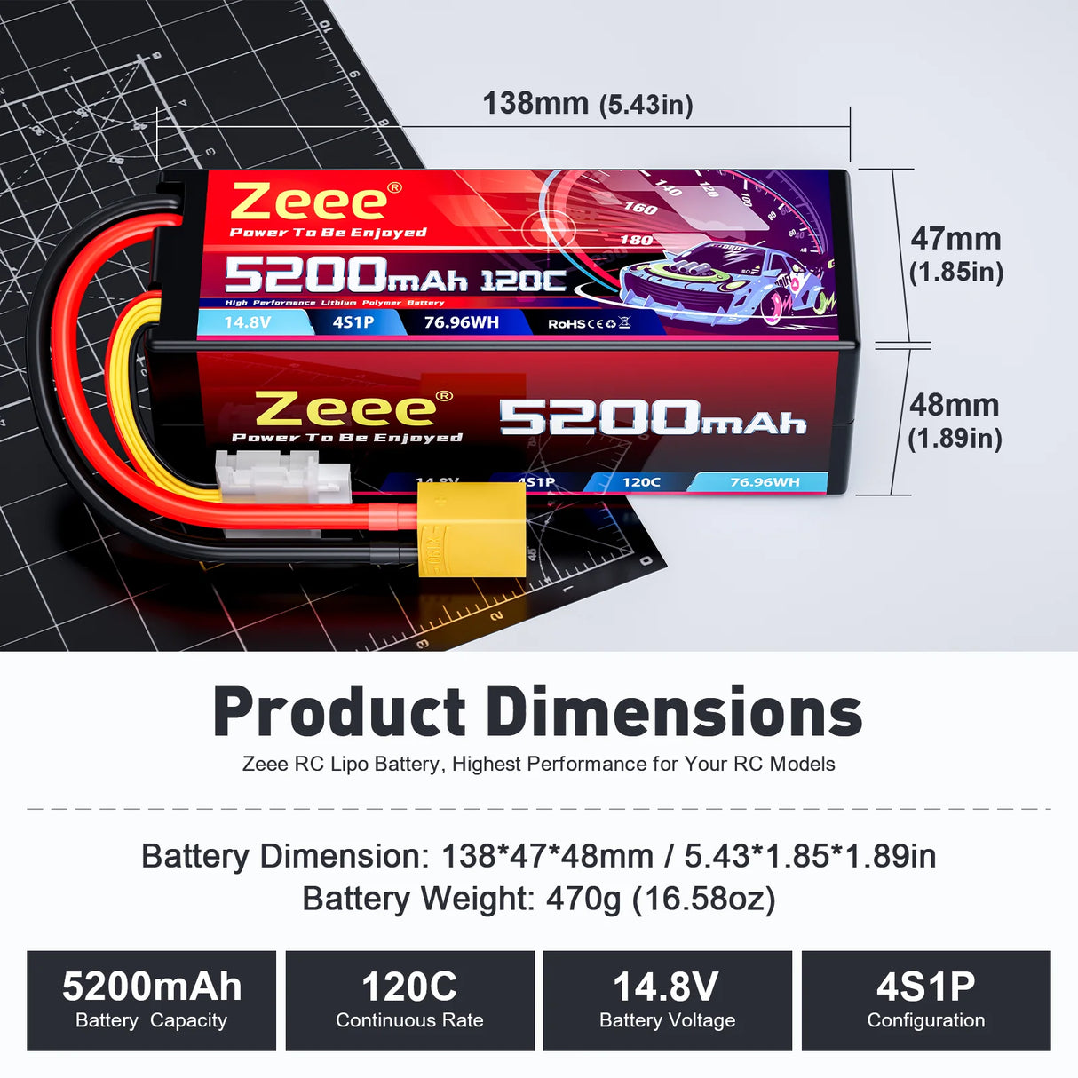 Zeee 4S Lipo-Akku 5200mAh 14,8V 120C Hardcase RC-Akku mit XT90-Stecker (2St.)