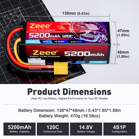 Zeee 4S Lipo-Akku 5200mAh 14,8V 120C Hardcase RC-Akku mit XT90-Stecker (2St.)