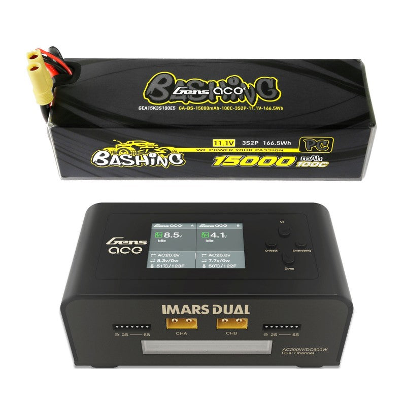 Gens Ace Bashing 3S 15000mAh 11,1V 100C 3S2P Lipo + Imars Dual Channel AC200 W RC-Akkuladegerät