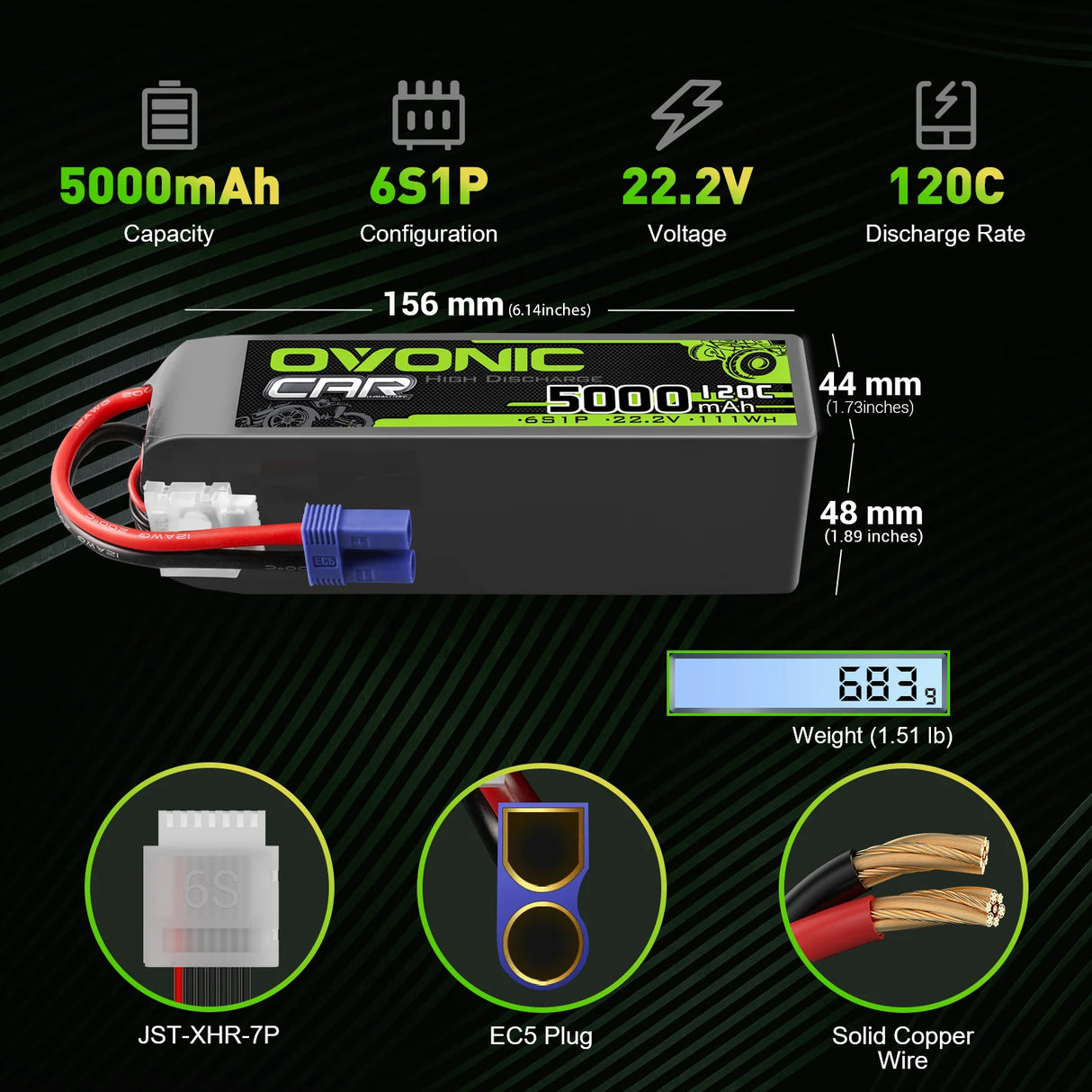 Ovonic Car 6S 5000mAh 22,2V 120C Lipo-Akkupack mit EC5-Stecker (2 Stück)