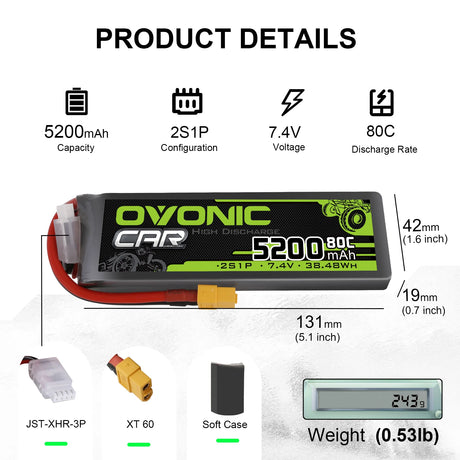 Ovonic Car 2S Lipo Akku 5200mAh 80C 7,4V RC Lipo Akku HardCase mit XT60 Stecker (2 Stück)