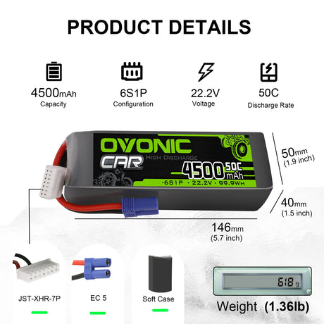 Ovonic Car 6S 4500mAh Lipo Akku 22,2V 50C RC Lipo EC5 Stecker Softcase für X Klasse Drone Racing (2 Stück)