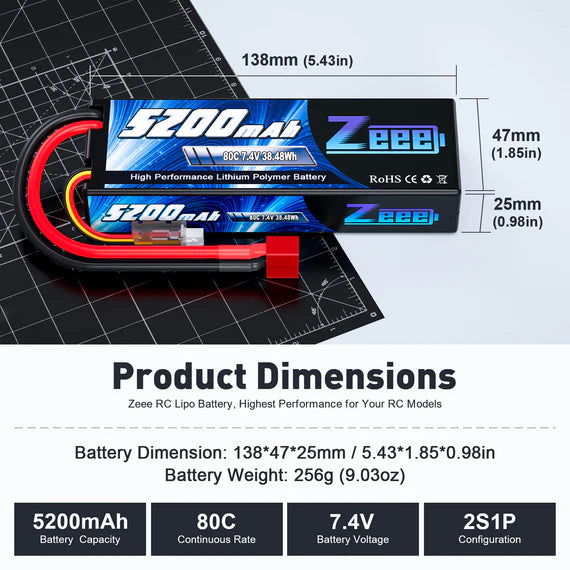 Zeee 2S 5200mAh 7.4V 80C Hardcase Deans T Plug LiPo Akku