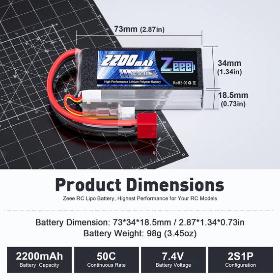 Zeee 2S 2200mAh 7,4V 50C Deans Shorty Lipo Akku (2 Stück)