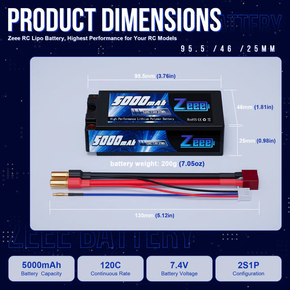 Zeee 2S 5000mAh 7,4V 120C Shorty  5mm Bullet Deans Hardcase (2 Stück)