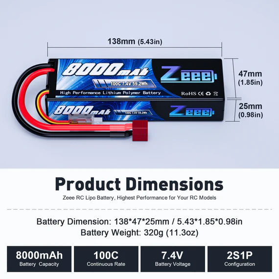 Zeee 2S 8000mAh 7,4V 100C Hardcase Deans (2 Stück)