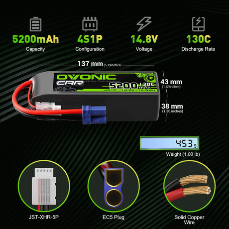 Ovoniv Car 4S 5200mAh Lipo Akku 130C 14,8V RC Lipo Akku mit EC5 Stecker (2 Stück)