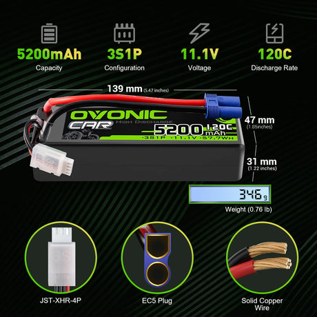 Ovonic Car 3S Lipo Akku 5200mAh 120C 11,1V RC Lipo Akku mit EC5 Stecker (2 Stück)