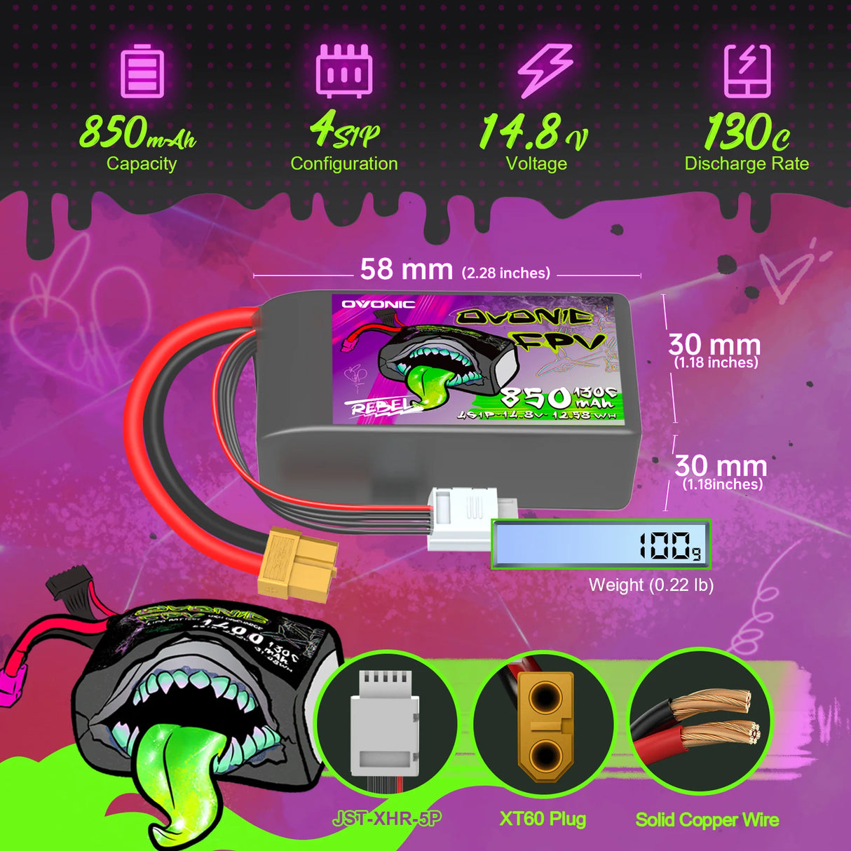 Ovonic Rebel 2.0 130C 4S 850mah Lipo Akku 14,8V Pack mit XT60 Stecker (4 St.)