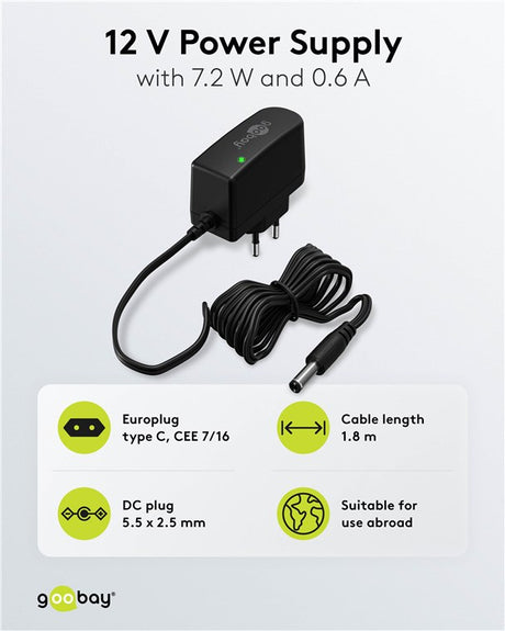 Goobay 12-V-Netzteil (7,2 W / 0,6 A) - mit DC-Stecker 5,5 mm x 2,5 mm