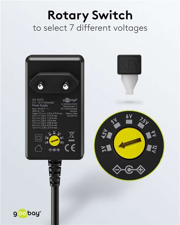 Goobay Universal-Netzteil (3 V - 12 V, max. 27 W / 2,25 A) - inkl. 11 Adapter: 7 DC-Adapter plus USB-C™, USB-A, USB Mini-B, Micro-USB und Schraubklemmenanschluss