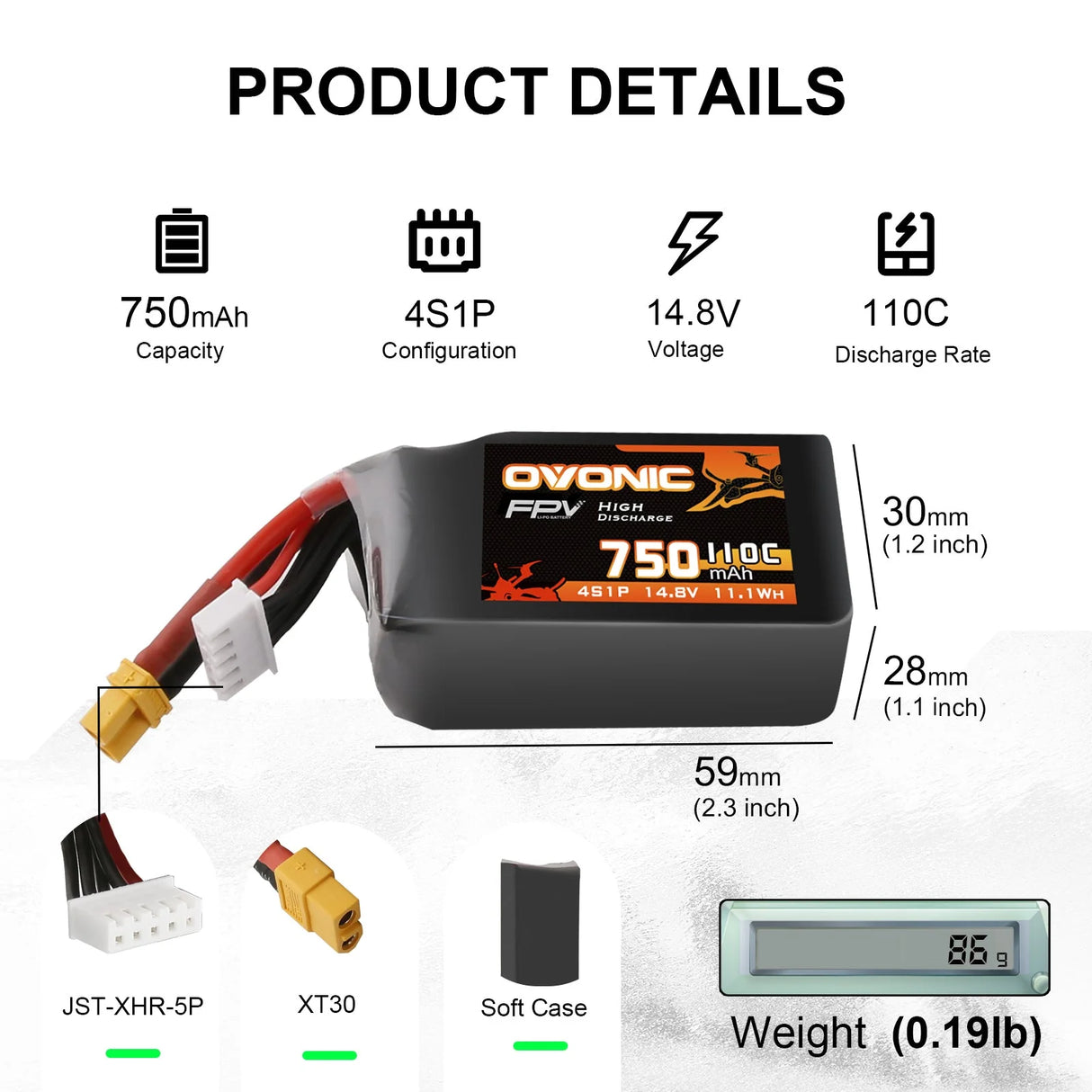 Ovonic 4S 750mAh 110C 14,8V XT30 FPV Racing LiPo Akku (2 Stück)