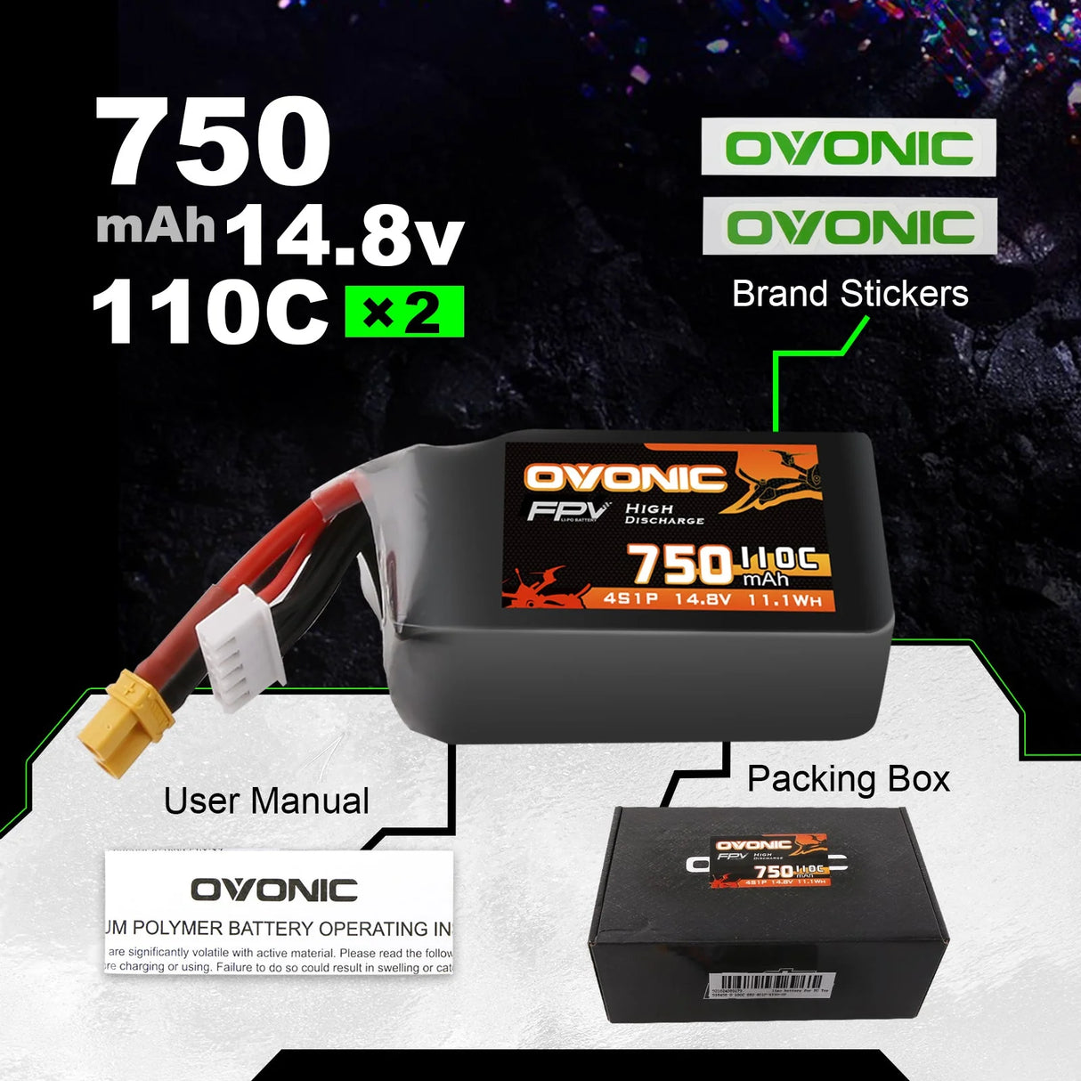 Ovonic 4S 750mAh 110C 14,8V XT30 FPV Racing LiPo Akku (2 Stück)