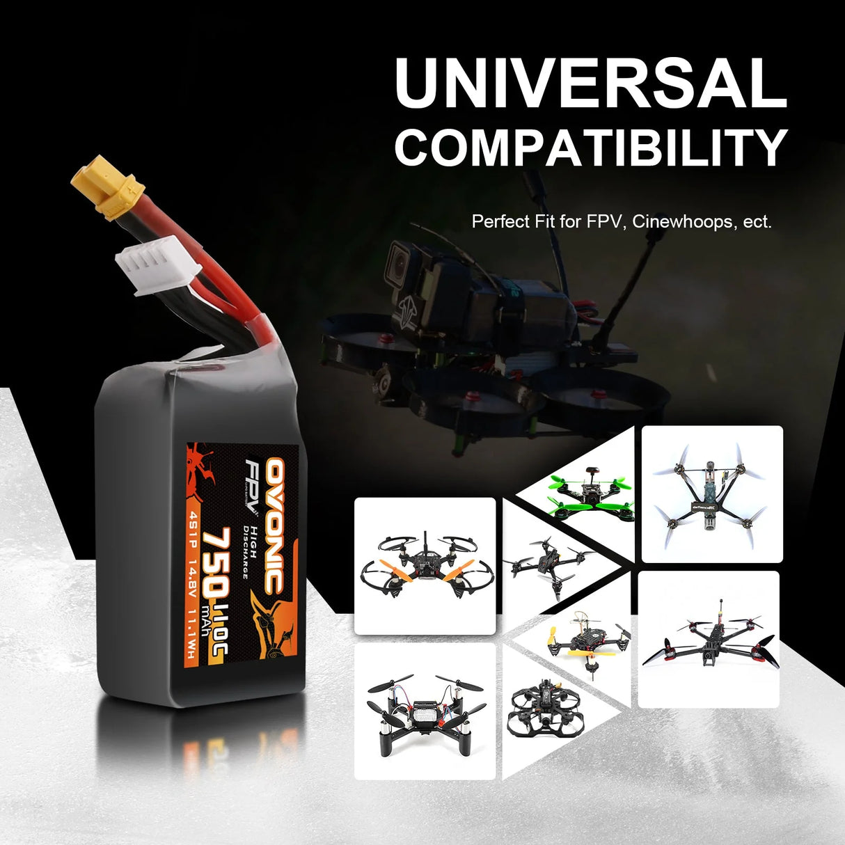 Ovonic 4S 750mAh 110C 14,8V XT30 FPV Racing LiPo Akku (2 Stück)