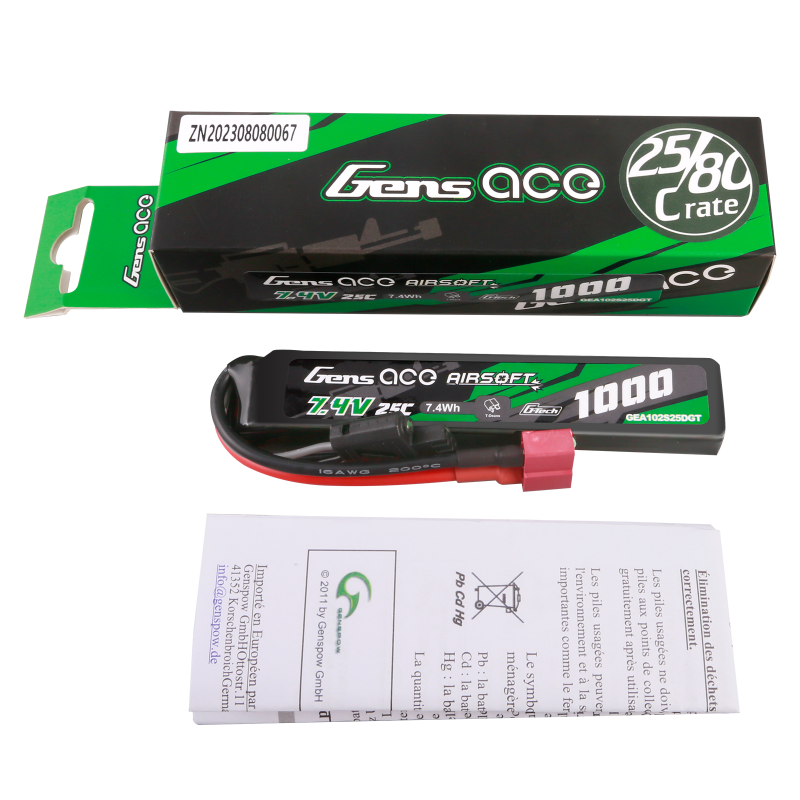 Gens ace G-Tech 25C 1000 mAh 2S1P 7,4 V Airsoft Lipo Akku mit T-Stecker
