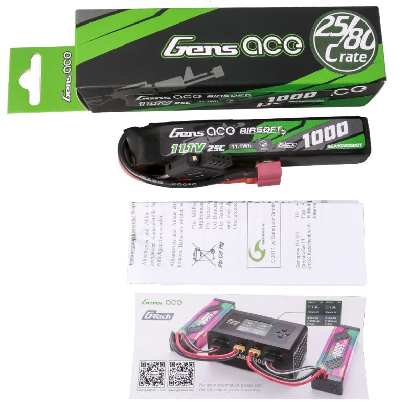 Gens ace G-Tech 25C 1000 mAh 3S1P 11,1 V Airsoft Lipo Akku mit T-Stecker