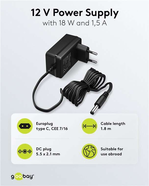 Goobay 12-V-Netzteil (18 W / 1,5 A) - mit DC-Stecker 5,5 mm x 2,1 mm