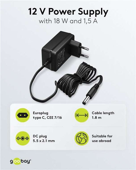 Goobay 12-V-Netzteil (18 W / 1,5 A) - mit DC-Stecker 5,5 mm x 2,1 mm
