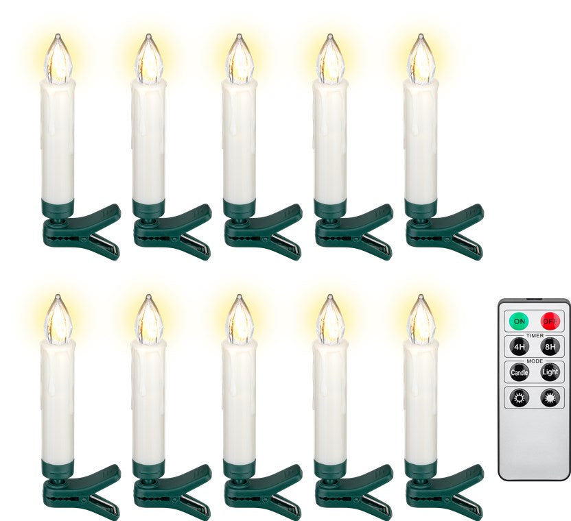 Goobay 10 kabellose LED-Weihnachtsbaumkerzen - mit Klemmen und IR-Fernbedienung für Timer, Leuchtmodi & Dimmer