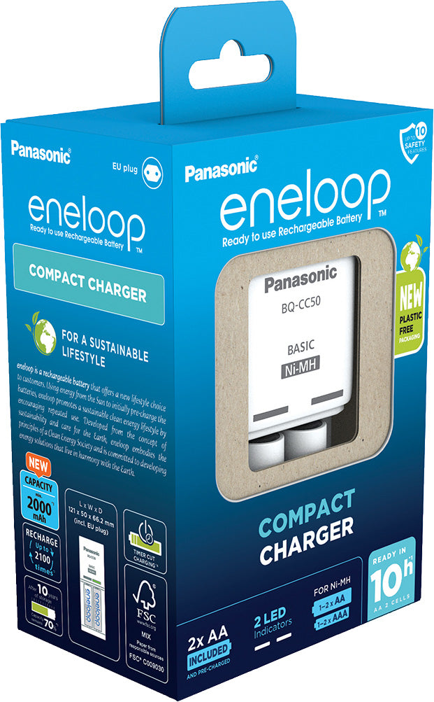Panasonic Akku NiMH, Universal Ladegerät BQ CC50, AA/AAA eneloop, inkl. Akkus, 2x Mignon 2000mAh, Retail