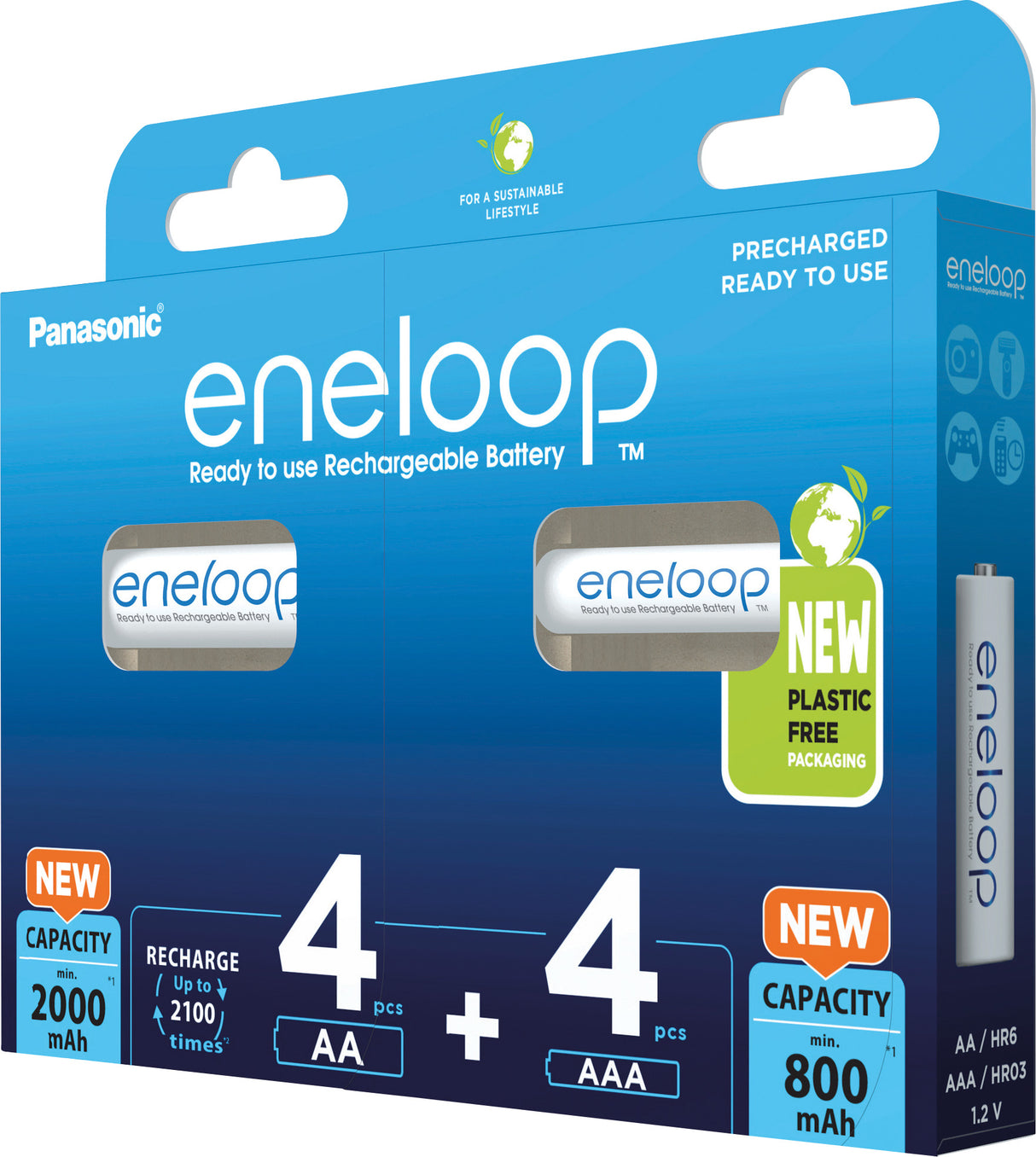 Panasonic Akku NiMH, Mignon, AA, 2000mAh/Micro, AAA, 800mAh Kombipack (4+4), Pre-charged, Retail-Blister (8-Pack)