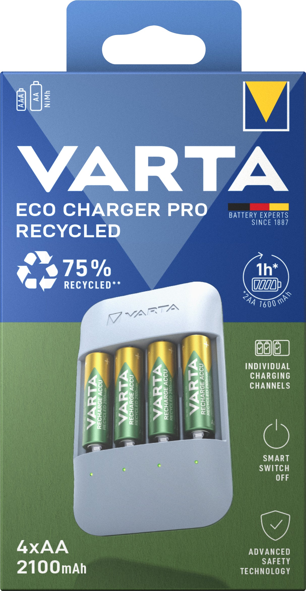 Varta Akku NiMH, Universal Ladegerät, Eco Charger Pro Recycled, inkl. Akkus, 4x Mignon, AA, 2100mAh, Retail