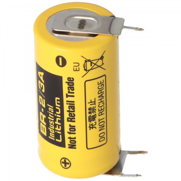 Panasonic BR-2/3A Lithium Batterie mit Print Kontakt ++-, 2er Print Plus und 1er Print Minus, BR17335, 3,0 Volt, Rastermaß 7mm
