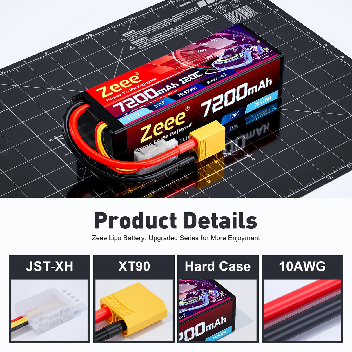 Zeee 3S Lipo-Akku 3S 7200mAh 11,1V 120C Hardcase RC-Akku mit XT90-Anschluss (2 St.)