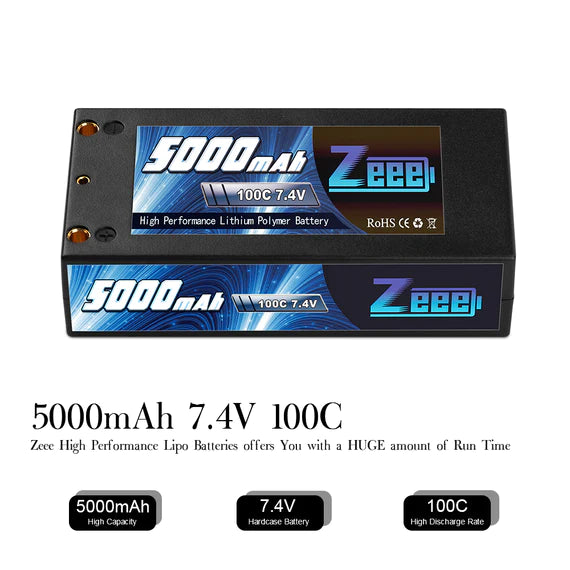 Zeee 2S 5000mAh 7,4V 100C Hardcase 4mm Bullet-zu-Deans Shorty Lipo-Akku (2 Stück)
