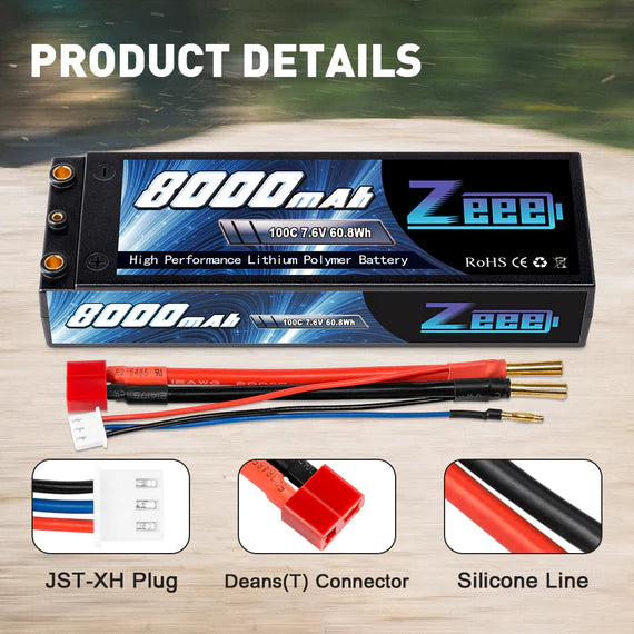 Zeee 2S 8000mAh 7,6V 100C HV LiPo Hardcase 4mm Bullet zu Deans