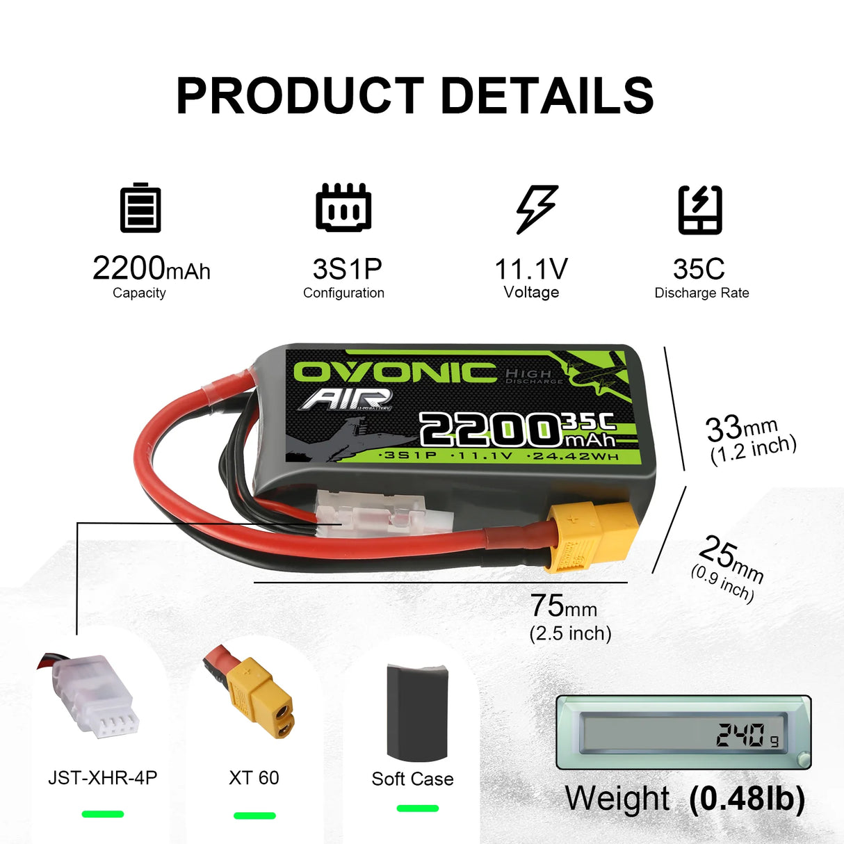 Ovonic Air 3S 2200mAh 35C 11,1V kurzer LiPo XT60 (2 St.)