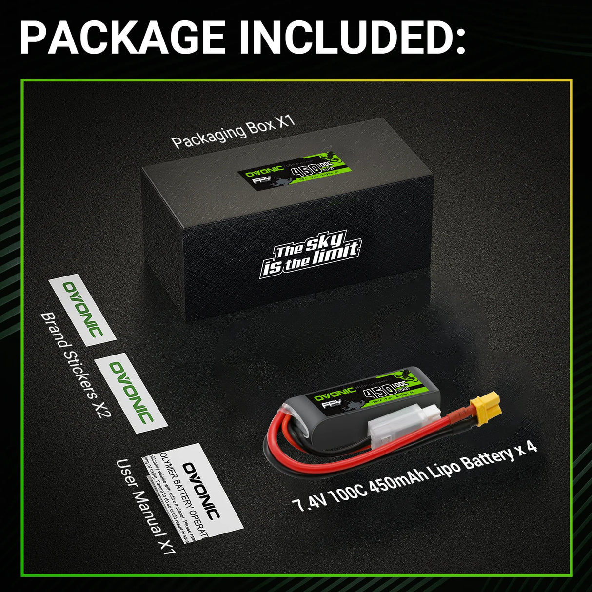 OVONIC FPV 2S 450mAh Lipo Akku 2S1P 100C 7,4V LiPo Akku mit XT30 Stecker (4 Stück)