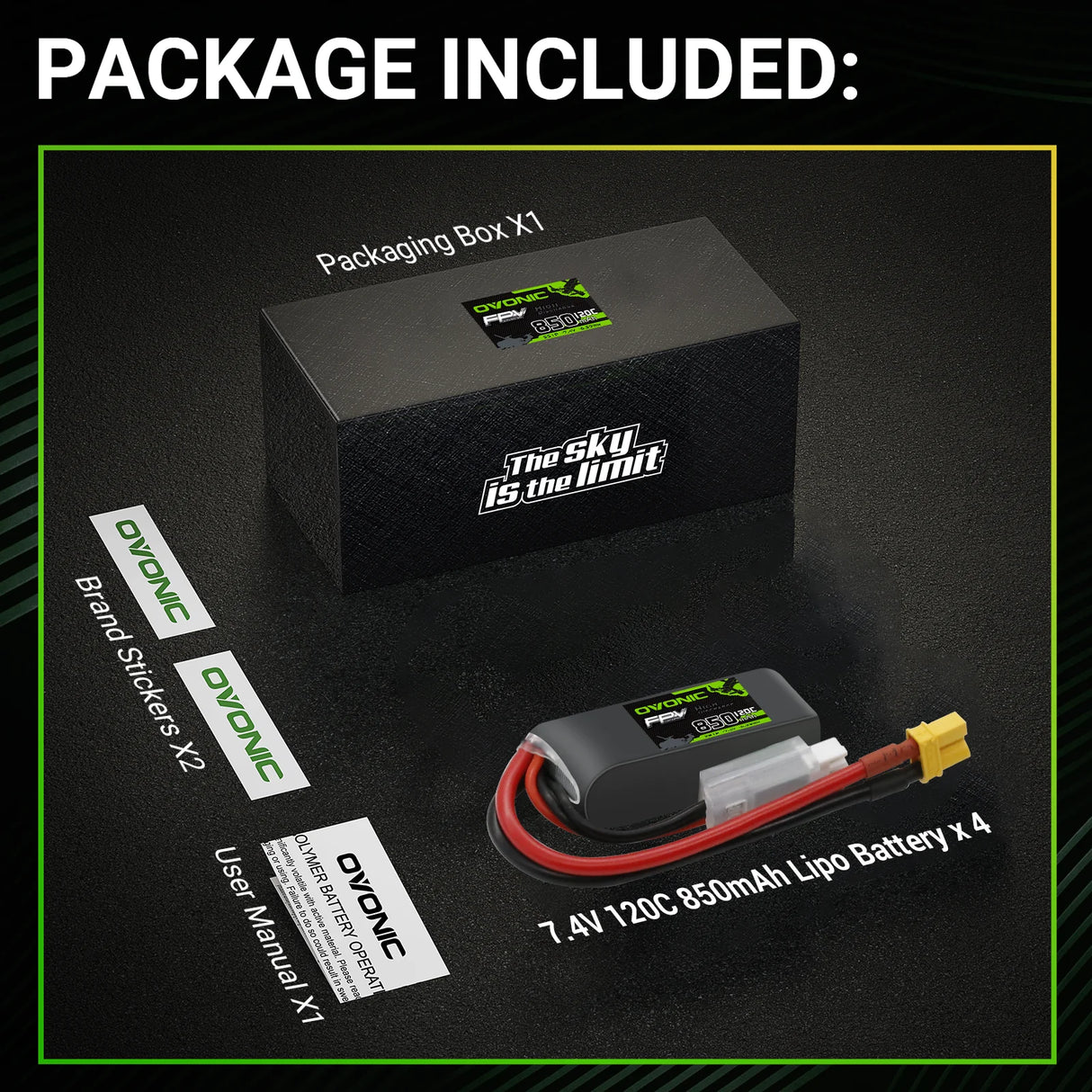 OVONIC FPV 2S 850mAh Lipo Akku 2S1P 120C 7,4V LiPo Akku mit XT30 (2 Stück)