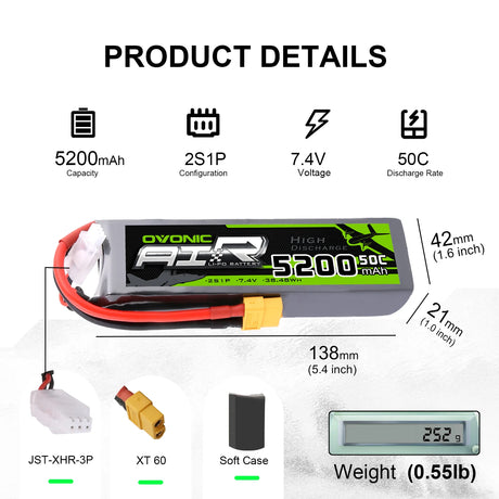 Ovonic Air 2S 5200mAh 50C 7,4V  LiPo Akku mit XT60 Stecker
