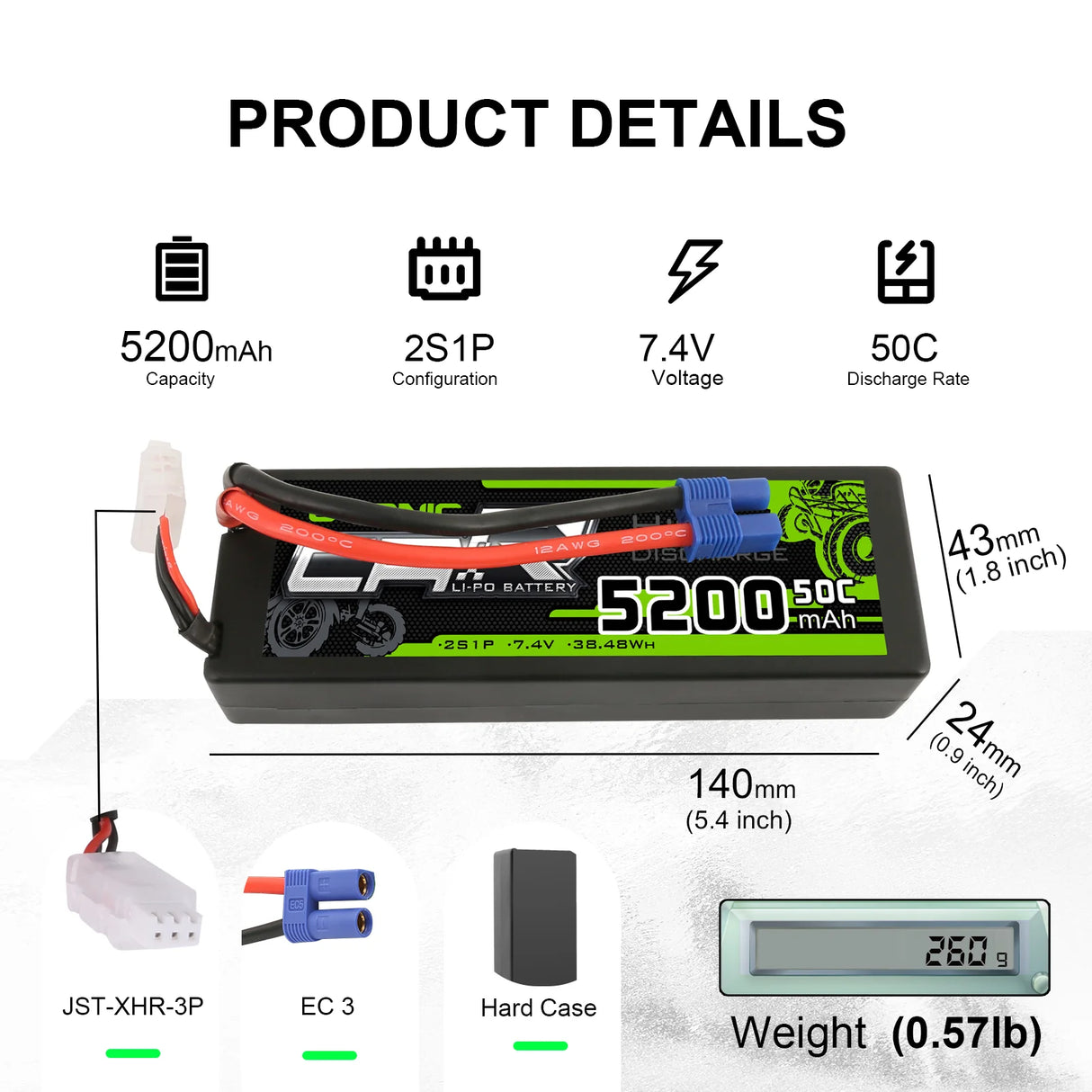Ovonic Car 2S 5200mAh 7,4V 2S1P 50C Hardcase Lipo Akku mit XT60 Stecker