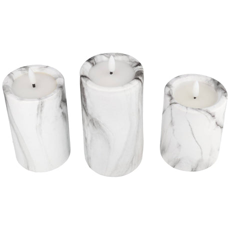 Star Trading 3er-Set LED-Kerzen mit Marmorstruktur und warmweißer Flacker-LED, Timer-Funktion, batteriebetrieben