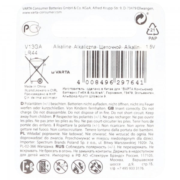 Varta V13GA, LR44, GPA76, 82, LR1154, 357A Knopfzelle