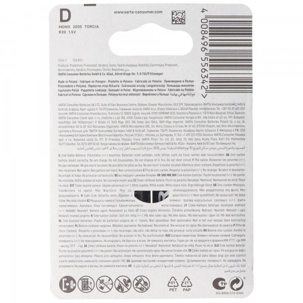 Varta Batterie Zink-Kohle Mono D R20 1,5V 6000mAh 2er Pack