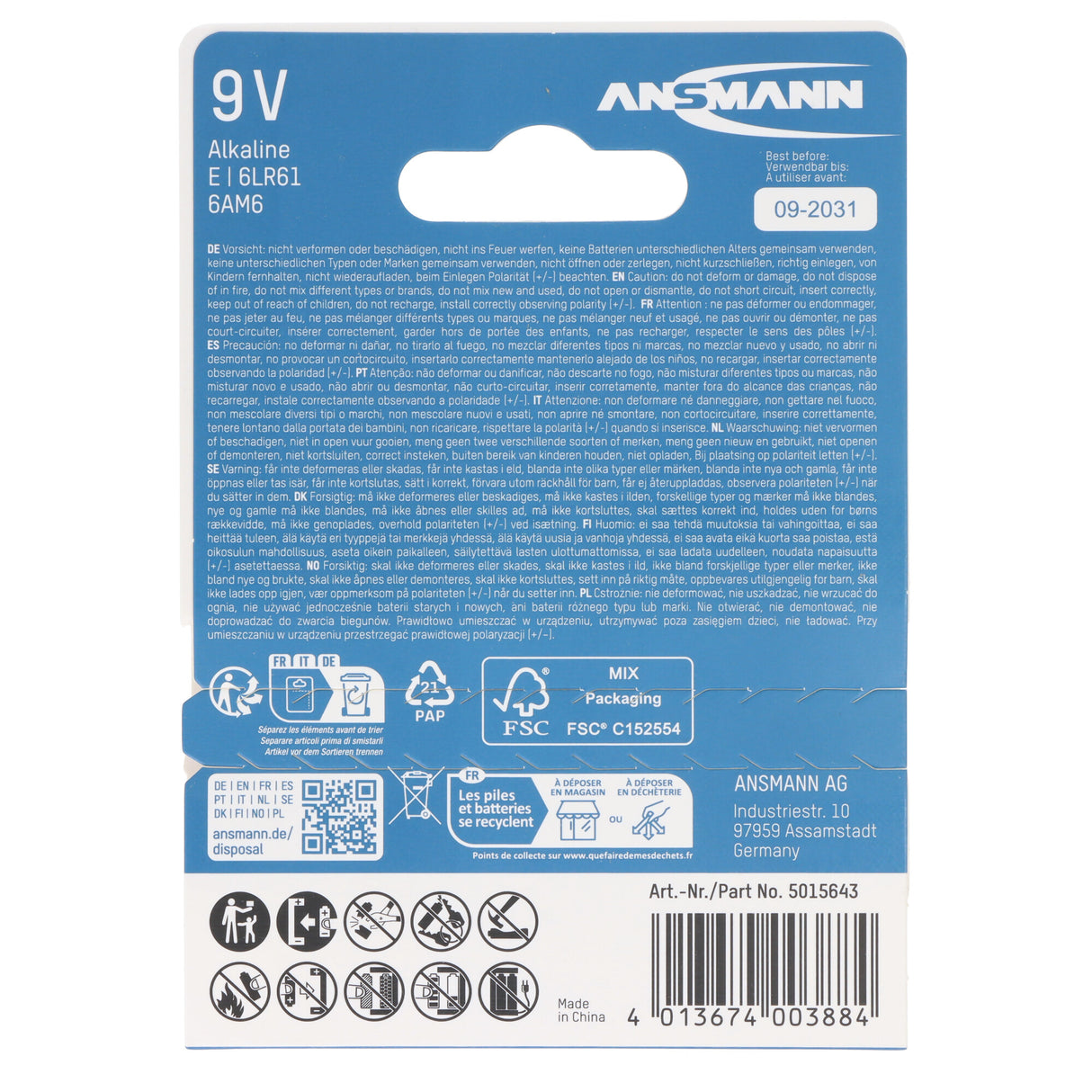 Ansmann X-Power Alkaline Batterie 9V, 6LR61, 1er Papierblister