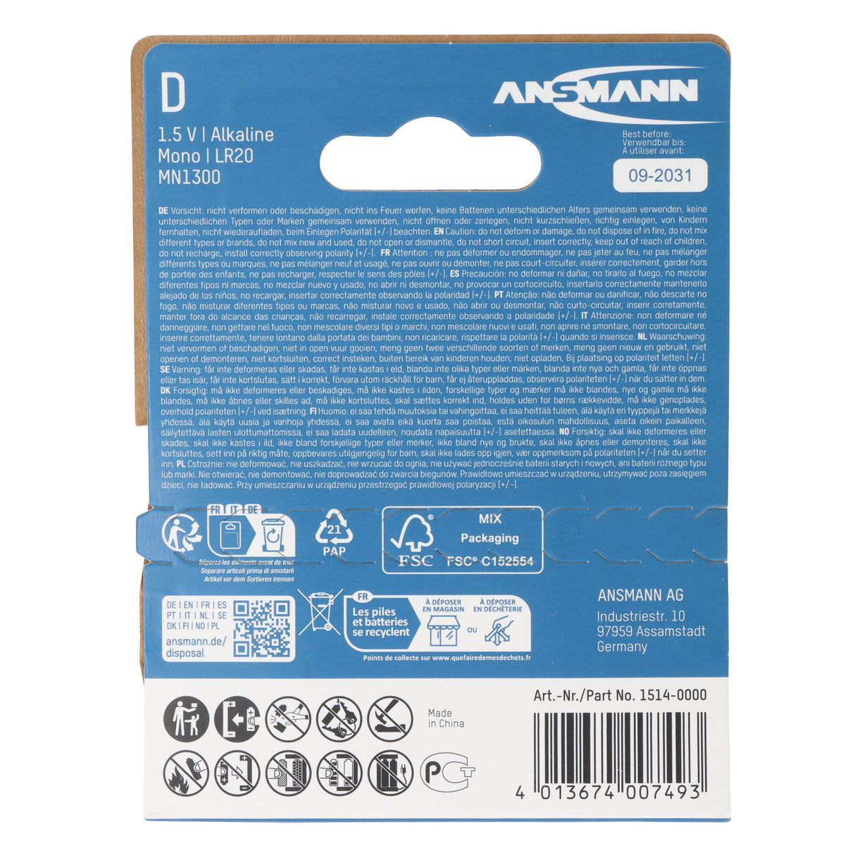 Ansmann Alkaline Mono D, LR20 Batterie, 1,5V, 2er Papierblister