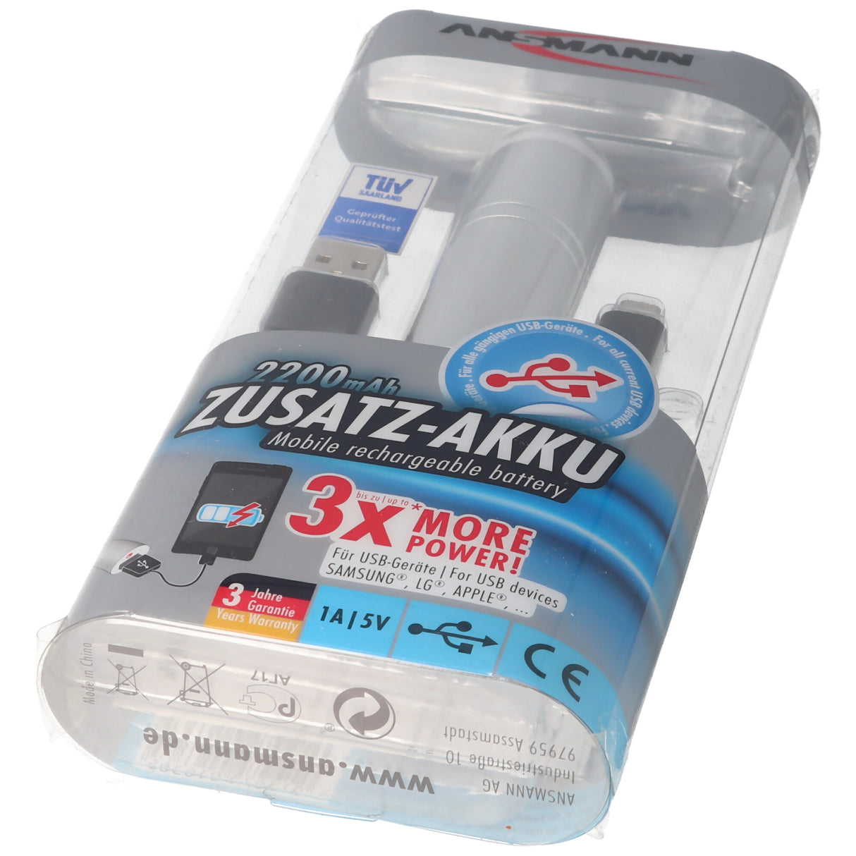 ANSMANN 1700-0009 Powerbank 2200mAh externer Zusatz-Akku für Smartphones und weitere USB Geräte