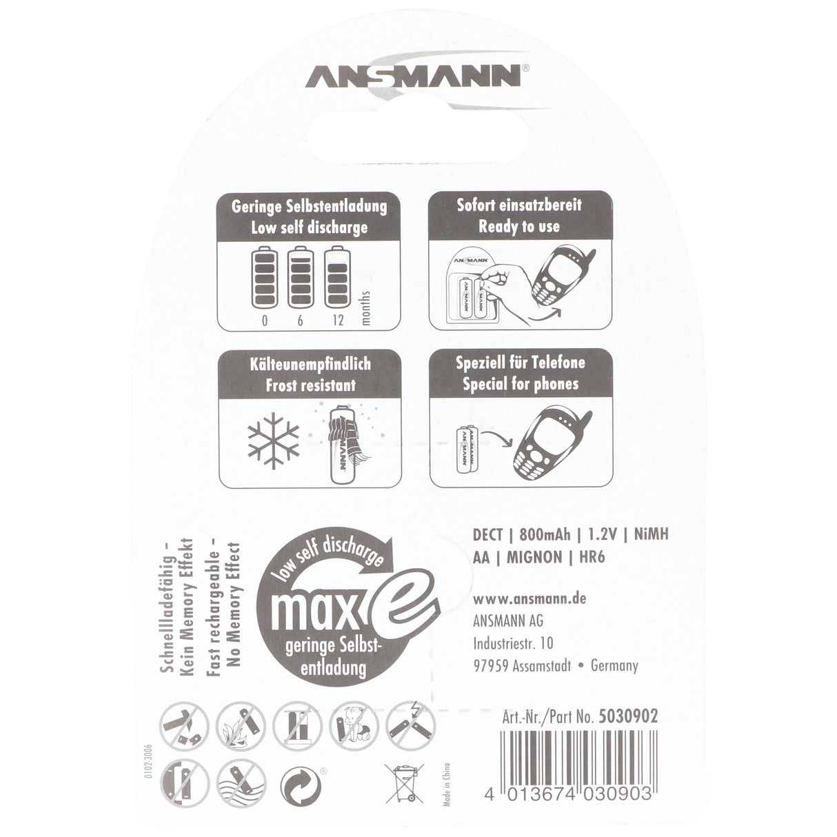 Ansmann NiMH-Akku Mignon 800mAh DECT 2er Blister
