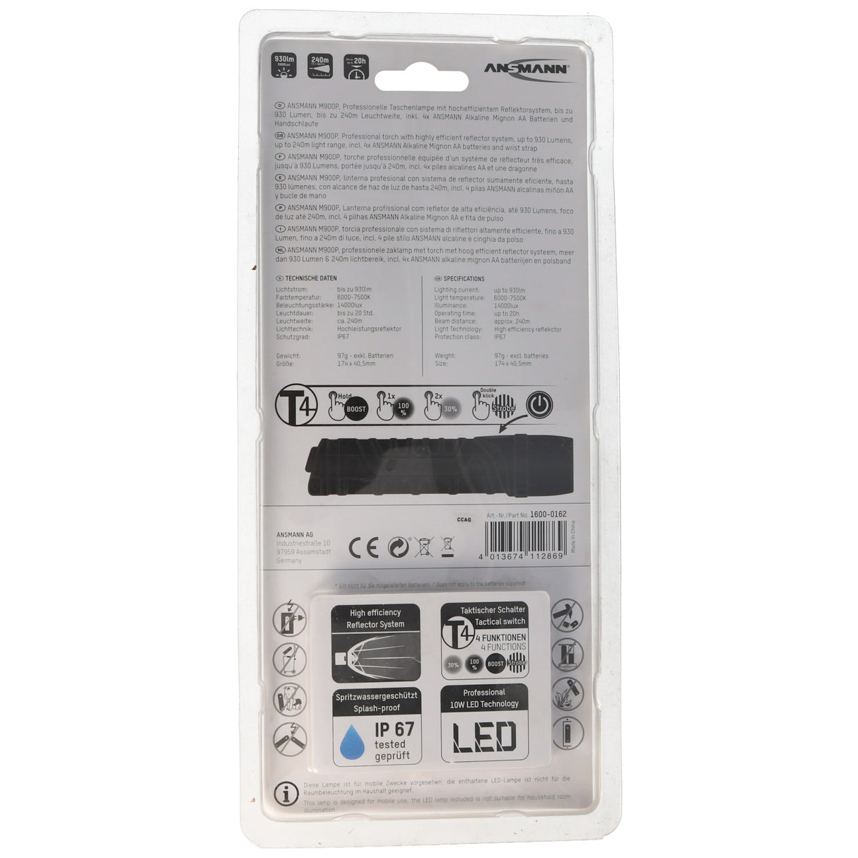 Ansmann M900P LED Taschenlampe mit Handschlaufe max. 930 Lumen, 10W LED