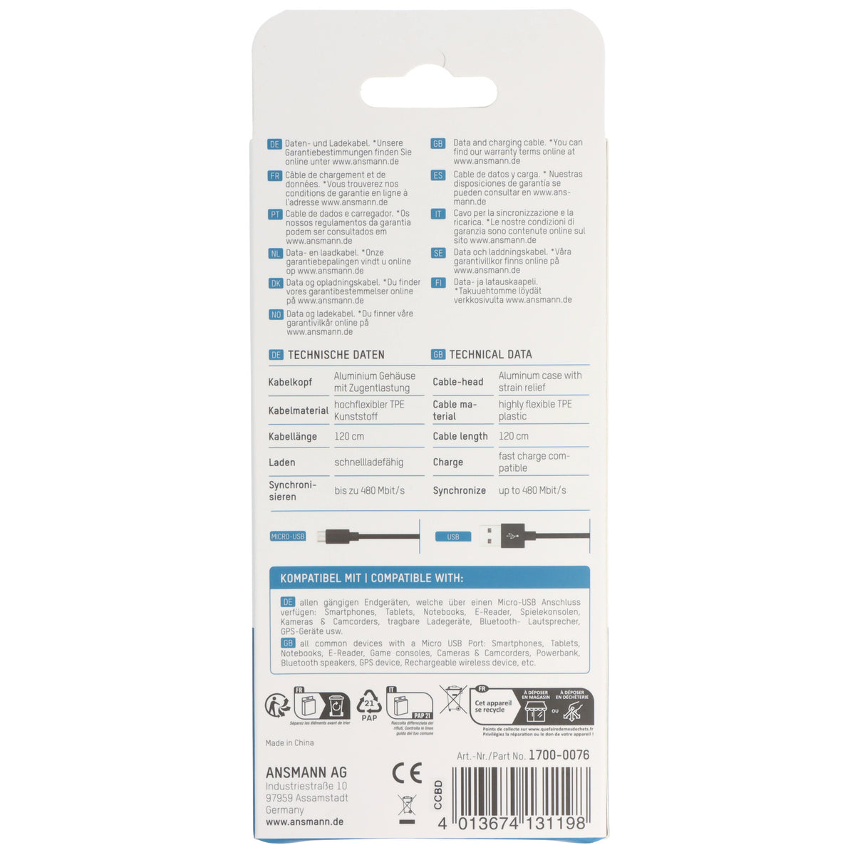 Ansmann USB-A auf Micro-USB Daten- und Ladekabel, 1,20 Meter