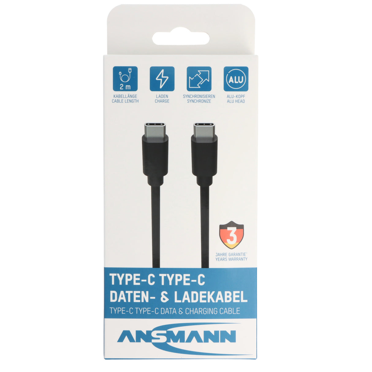 Ansmann USB Typ-C auf Typ-C Daten- und Ladekabel, 2 Meter