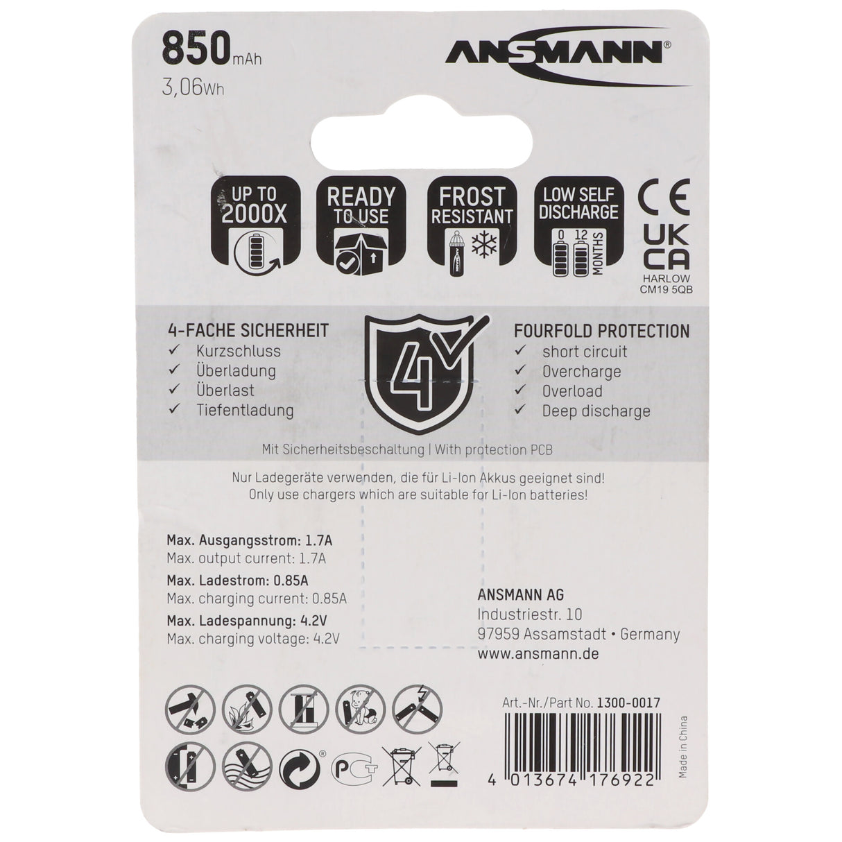 Ansmann Li-ion Akku CR123A, 16340, 3,6V bis 3,7V, 850mAh Schutzbeschaltung