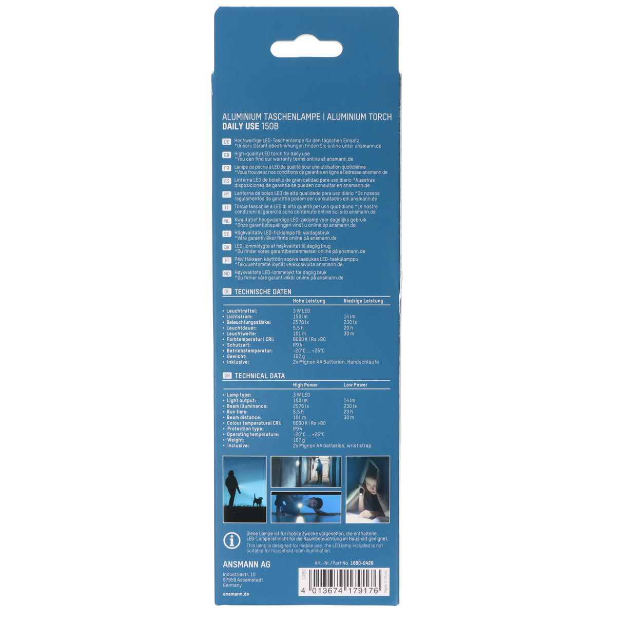 Ansmann LED-Taschenlampe 150B, Daily Use Taschenlampe, 150 Lumen, batteriebetrieben