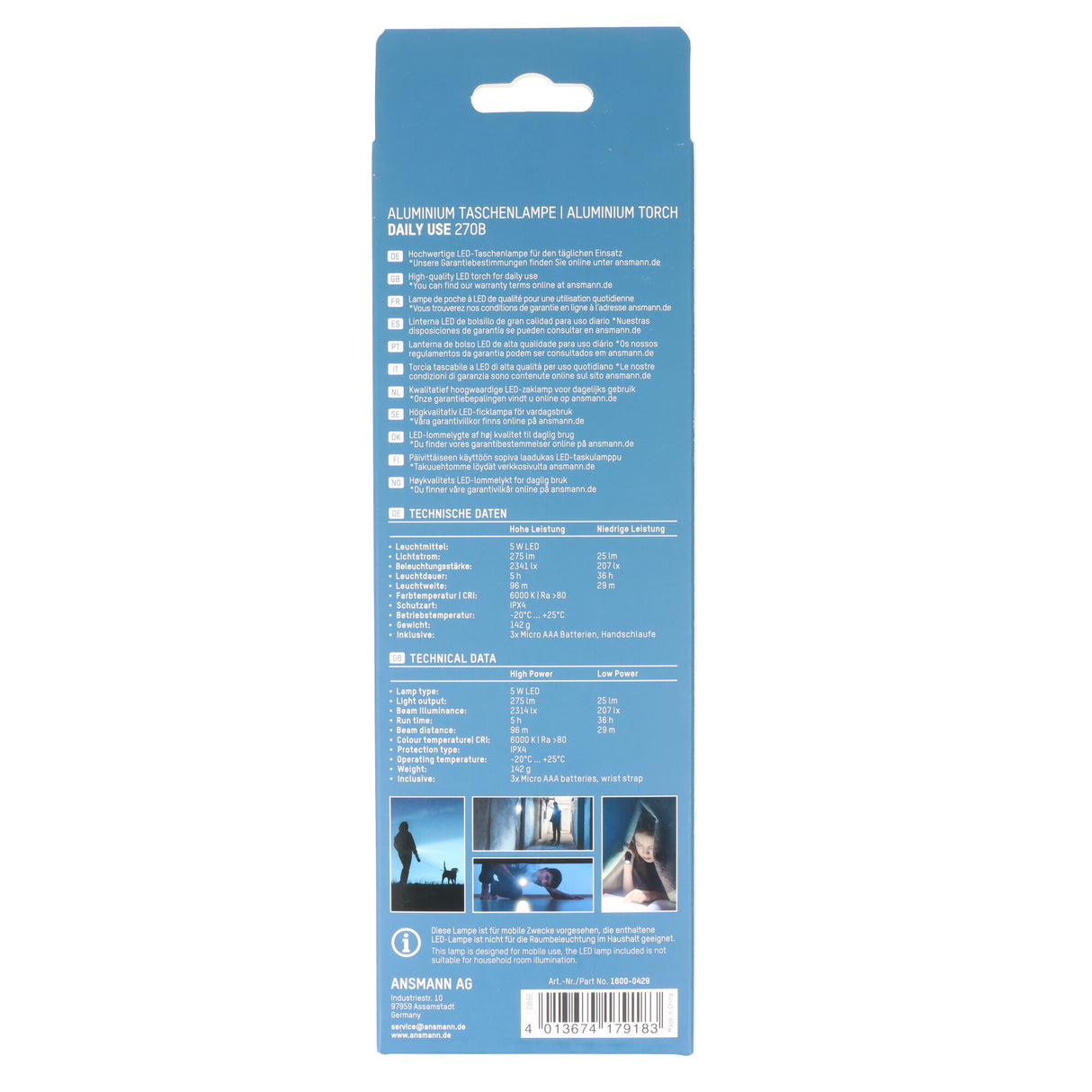 Ansmann LED-Taschenlampe 275 Lumen, Daily Use Taschenlampe, AAA batteriebetrieben